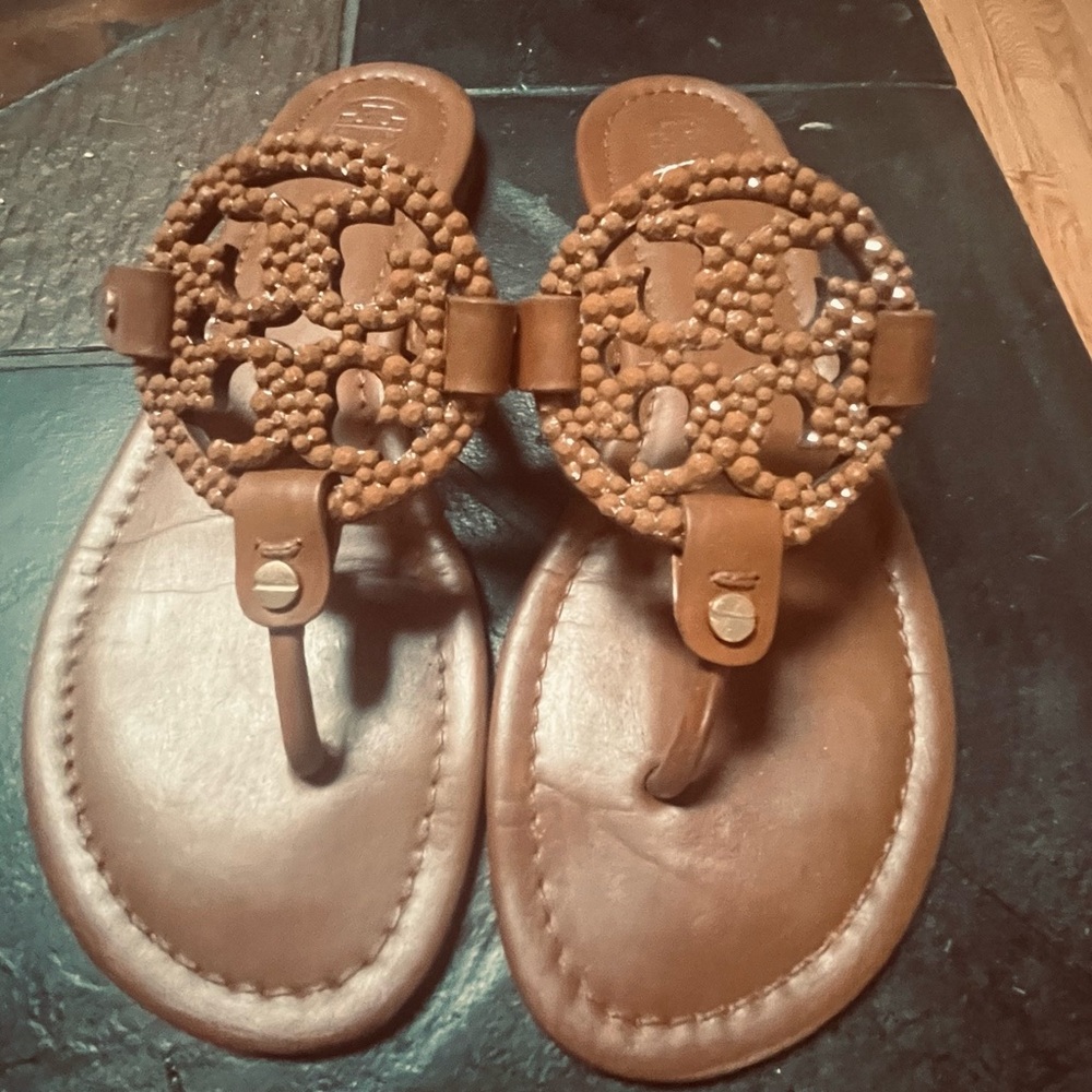 Tory Burch Brown Leather Sandals with Whipstitch Detailing
